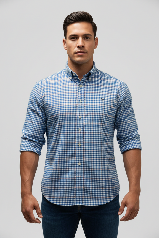 Camisa de botones Vineyard Vines 🐳 de cuadros en color azul, rosado y blanco Talla M Entalle Slim Fit