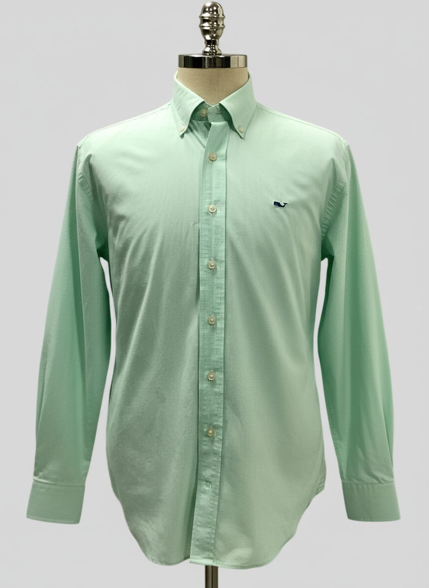 Camisa de botones Vineyard Vines 🐳 de cuadros finos en color verde claro y blanco Talla M Entalle Regular (ver descripción)