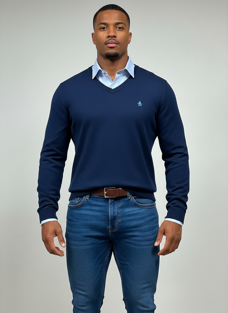 Sueter Jersey con cuello V Original Penguin 🐧  color azul navy Talla M