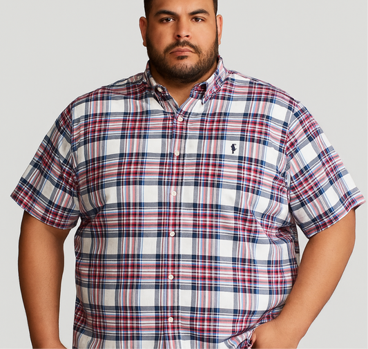Camisa Polo Ralph Lauren 🏇🏼 Color blanco con patron de cuadros tartán azul y rojo Talla 4XL Entalle Regular