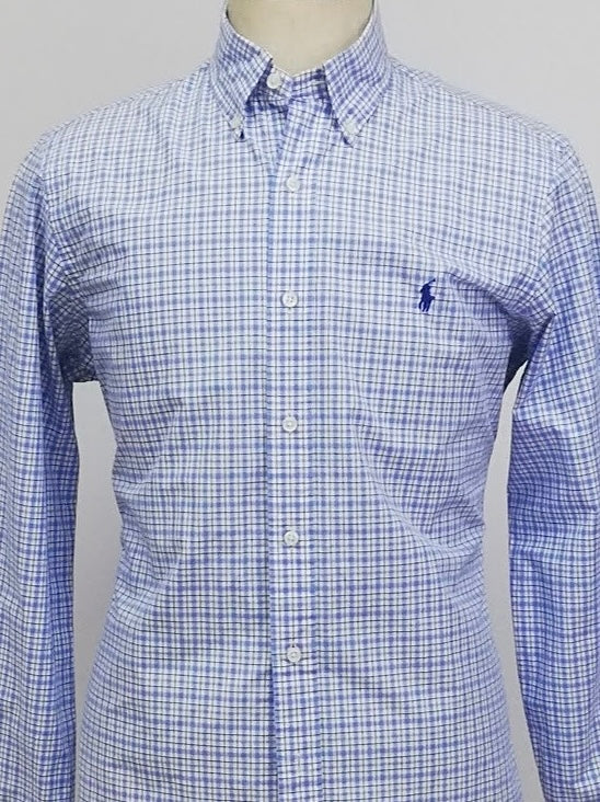Camisa Polo Ralph Lauren 🏇🏼 color blanco con patron de cuadros en celeste y azul navy Talla M Entalle Regular