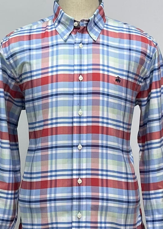 Camisa Brooks Brothers 🐑 con patrón de cuadros tartán en color celeste, rojo, verde claro y blanco Talla L Entalle Regular