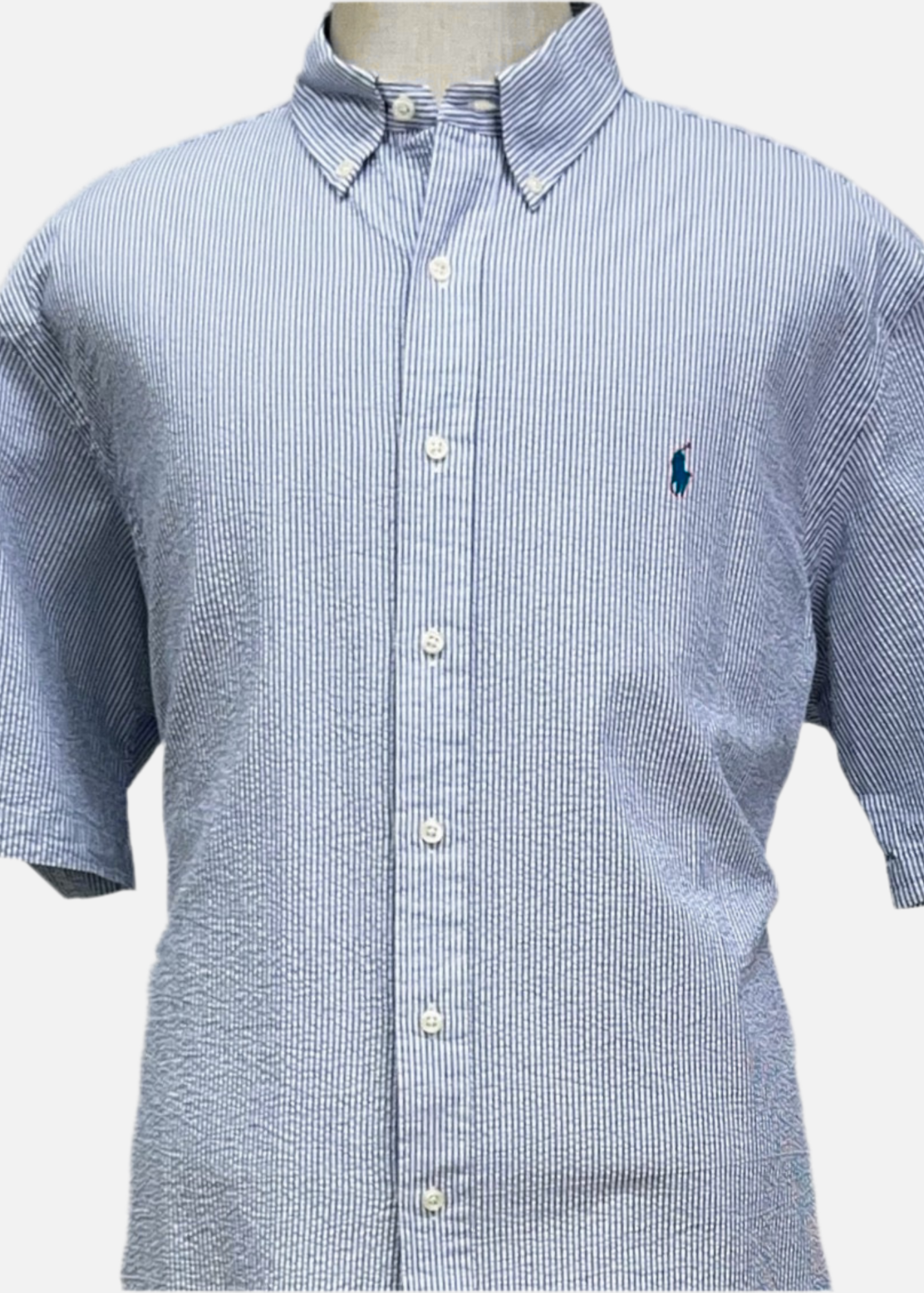 Camisa Polo Ralph Lauren 🏇🏼  Color blanco con patrón de rayas en azul Seersucker Talla L Entalle Regular