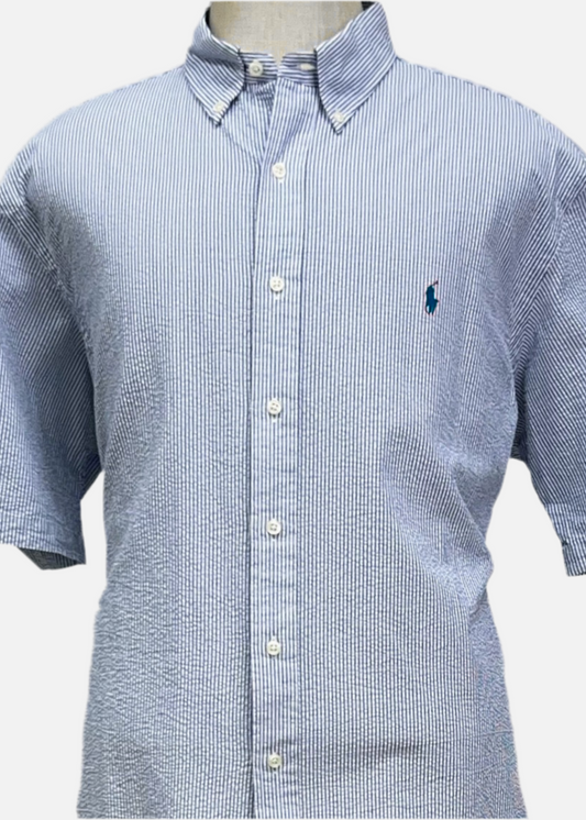 Camisa Polo Ralph Lauren 🏇🏼  Color blanco con patrón de rayas en azul Seersucker Talla L Entalle Regular