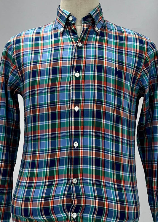 Camisa Polo Ralph Lauren 🏇🏼 con patrón de cuadros en color celeste, azul, verde y naranja Talla S entalle Slim Fit