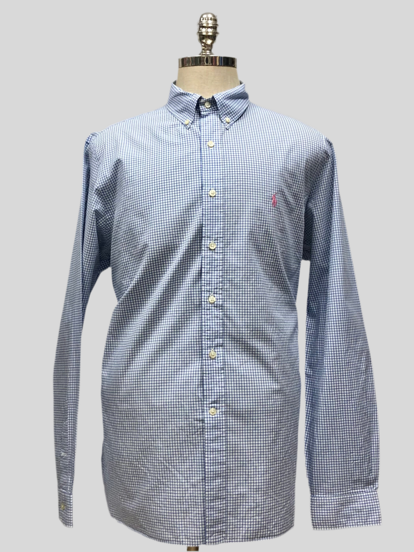 Camisa Polo Ralph Lauren 🏇🏼 color blanco con patron de cuadros en celeste Talla XL Entalle Regular