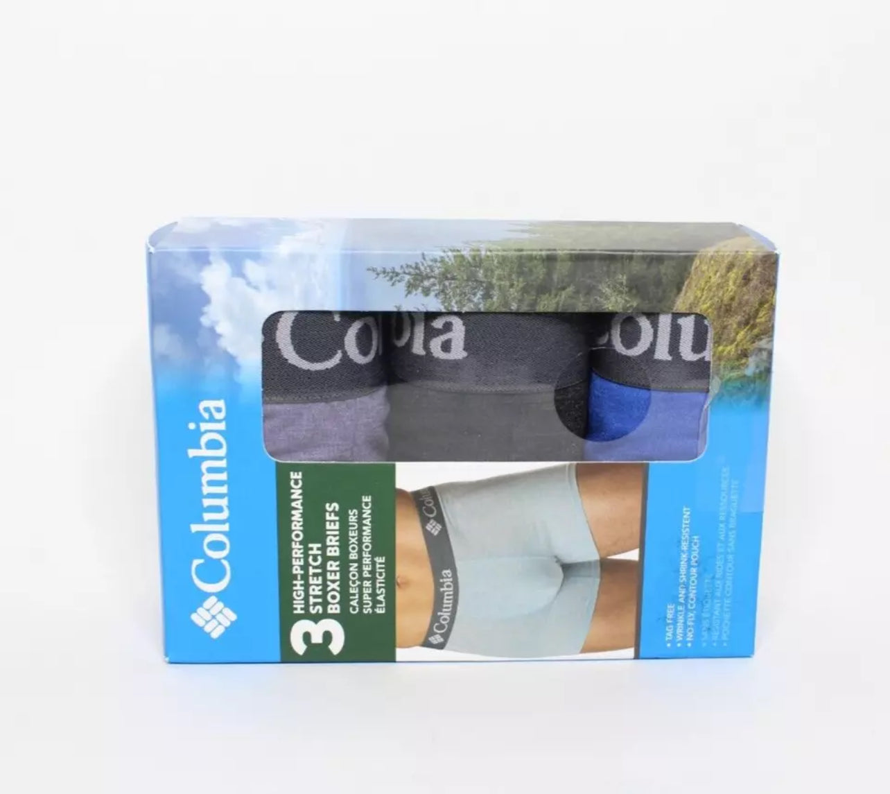 Combo de 3 Boxers Briefs Columbia 🔷 Tela de algodón stretch color morado, azul y gris Talla XL