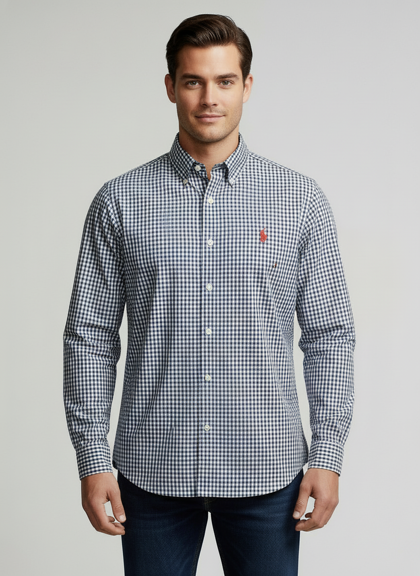 Camisa de botones Polo Ralph Lauren 🏇🏼 con patrón de cuadros gingham azul navy y blanco Talla L Entalle Regular