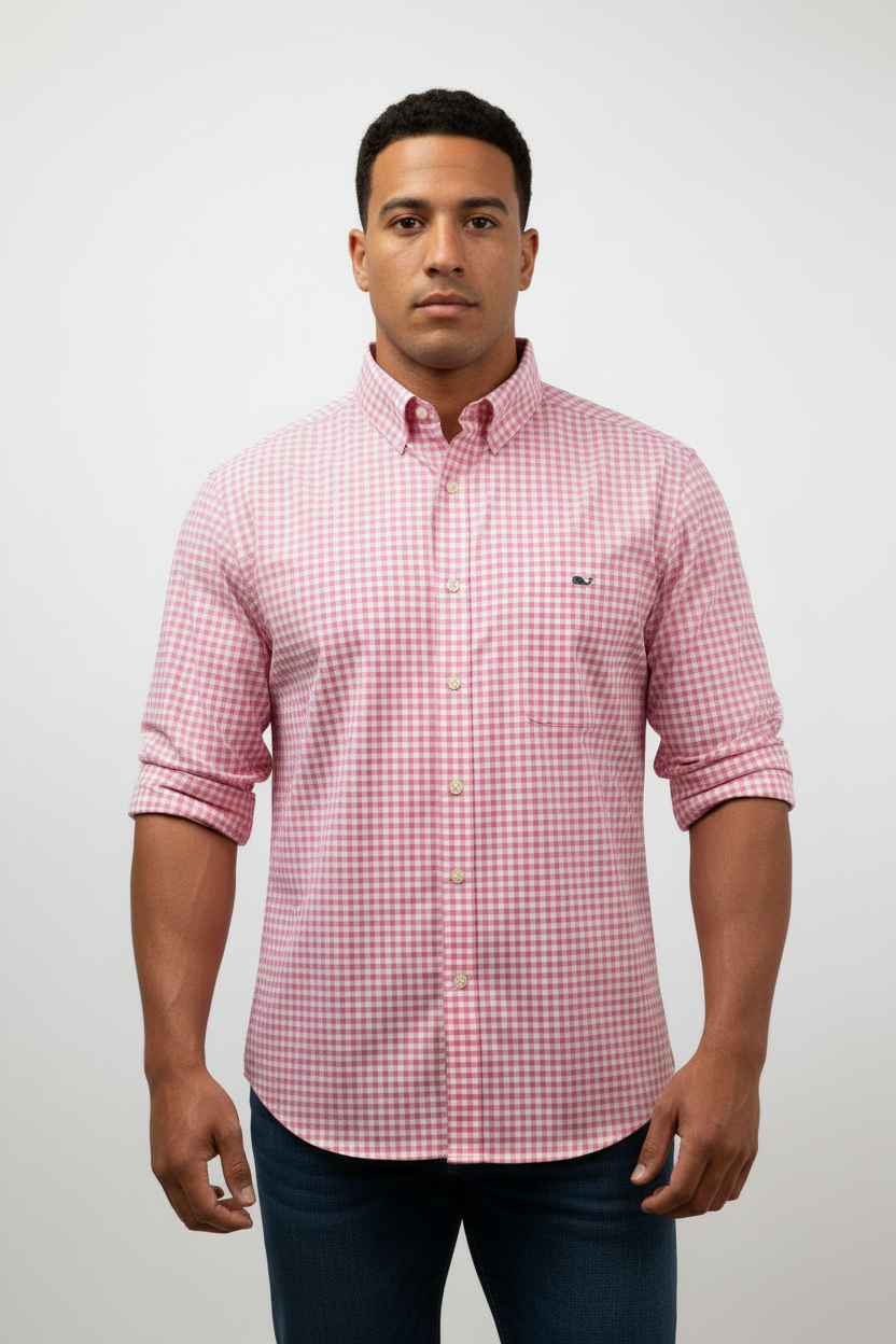 Camisa de botones Vineyard Vines 🐳 con patrón de cuadros gingham en color rosado y blanco Talla L Entalle Regular