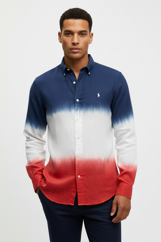 Camisa de botones Polo Ralph Lauren 🏇🏼 De Lino con diseño degradado en color azul, blanco y rojo Talla S Entalle Regular