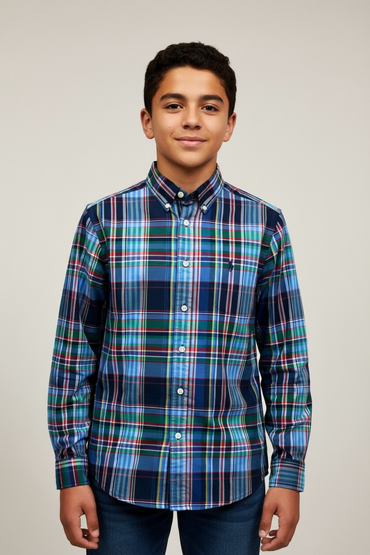 Camisa Polo Ralph Lauren 🏇🏼 con patron de cuadros en azul, rojo y verde Talla L (14-16) de niño Entalle Regular