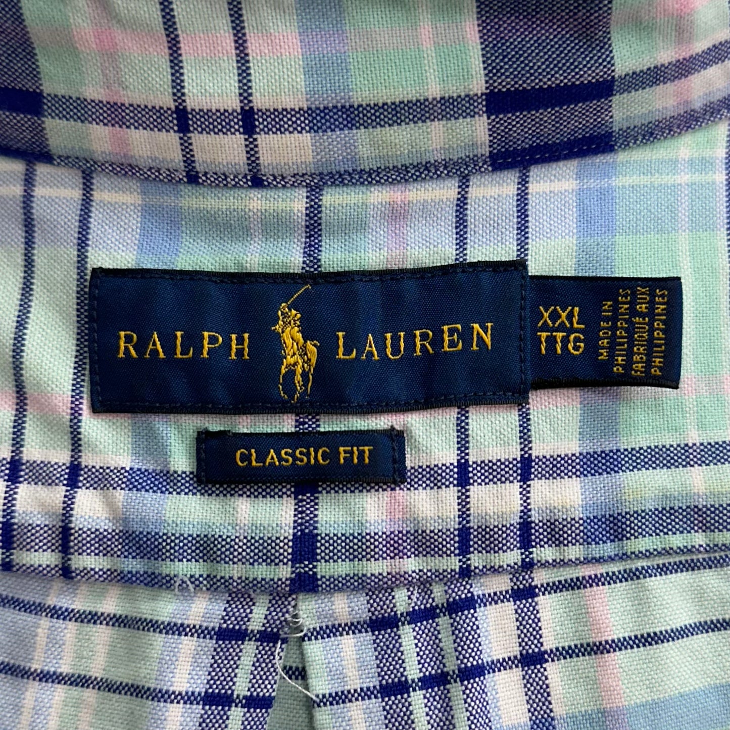 Camisa Polo Ralph Lauren 🏇🏼 con patron de cuadros tartán en color verde esmeralda, azul navy y morado Talla XXL Entalle Regular