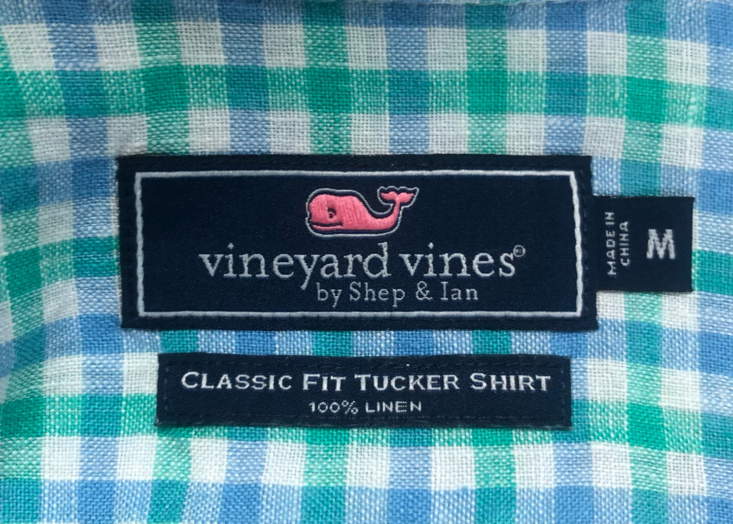 Camisa de botones Vineyard Vines 🐳 De Lino color blanco de cuadros en celeste y turquesa Talla M Entalle Clásico