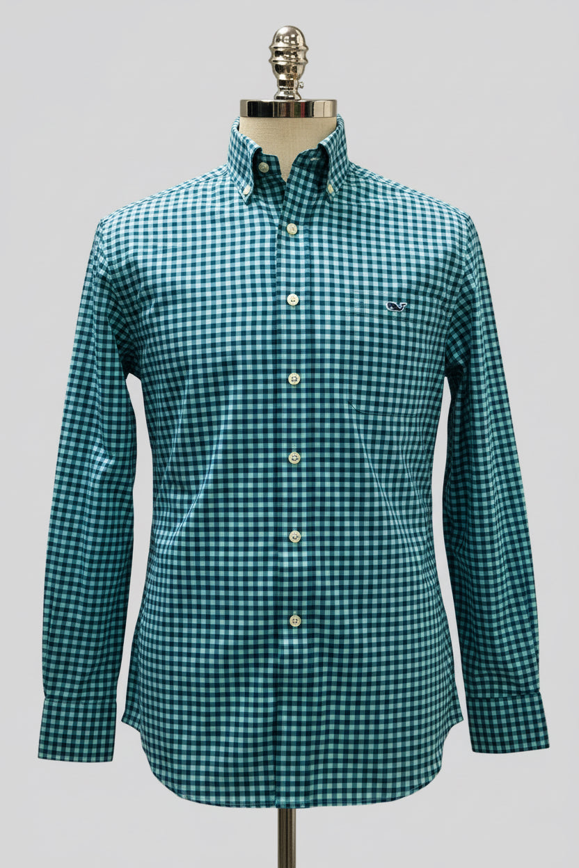 Camisa de botones Vineyard Vines 🐳 Performance de cuadros gingham en color azul y turquesa Talla M Entalle Slim Fit