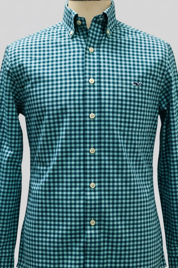 Camisa de botones Vineyard Vines 🐳 Performance de cuadros gingham en color azul y turquesa Talla M Entalle Slim Fit