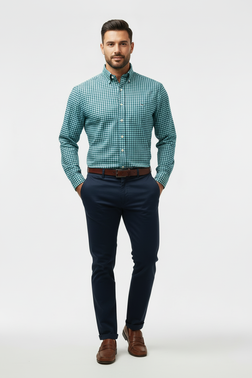 Camisa de botones Vineyard Vines 🐳 Performance de cuadros gingham en color azul y turquesa Talla M Entalle Slim Fit