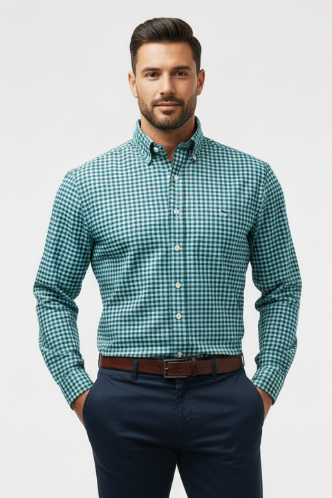 Camisa de botones Vineyard Vines 🐳 Performance de cuadros gingham en color azul y turquesa Talla M Entalle Slim Fit