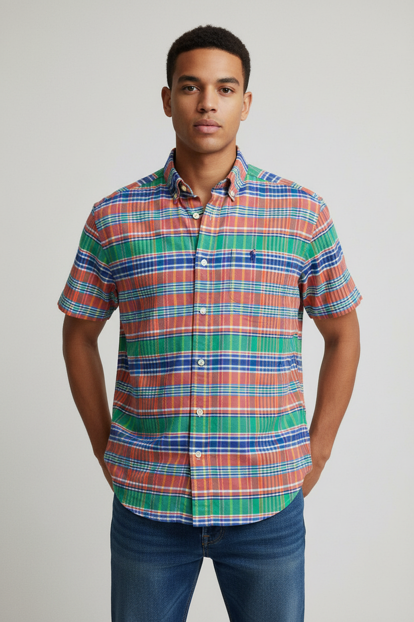 Camisa de niño Polo Ralph Lauren 🏇🏼 color patron de cuadros en naranja, azul, verde y blanco Talla XL (18) Entalle Regular