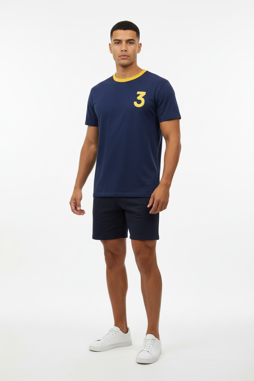 Camiseta cuello redondo Polo Ralph Lauren 🏇🏼 color azul navy con diseño en número 3 en amarillo Talla L Entalle Clásico