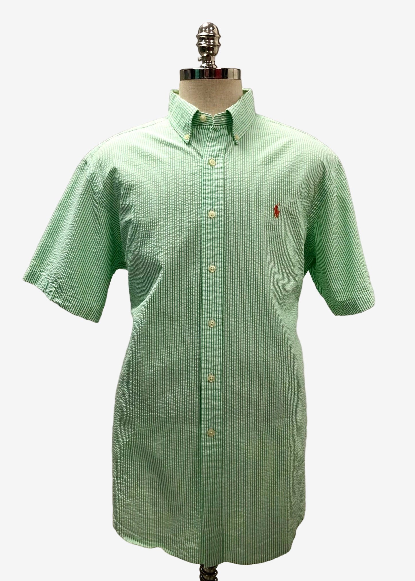Camisa de botones Polo Ralph Lauren 🏇🏼 Seersucker de rayas en verde y blanco Talla XL Entalle Clásico