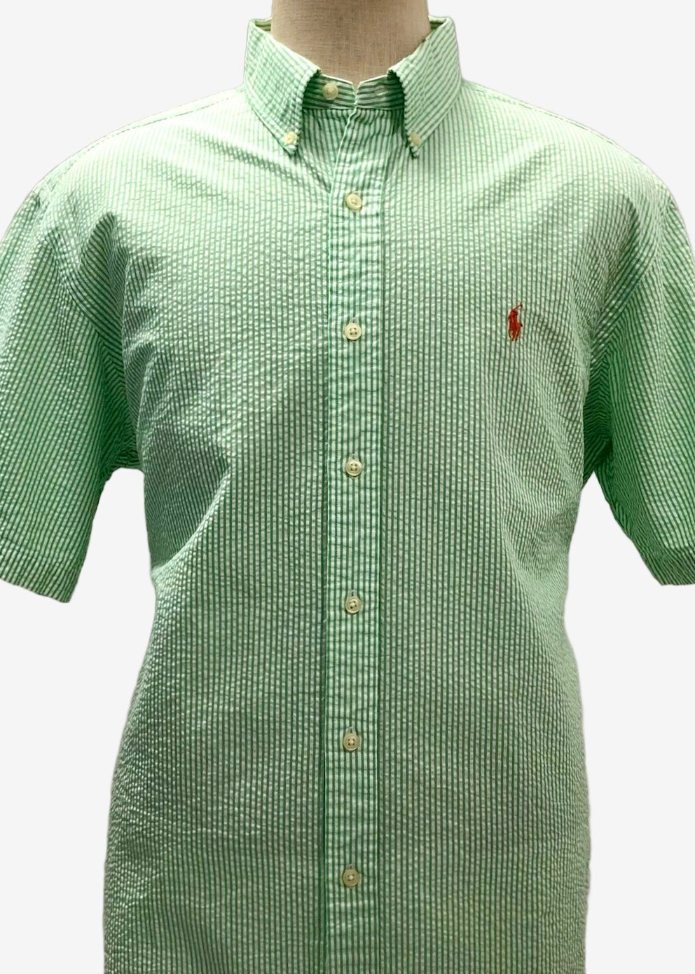 Camisa de botones Polo Ralph Lauren 🏇🏼 Seersucker de rayas en verde y blanco Talla XL Entalle Clásico