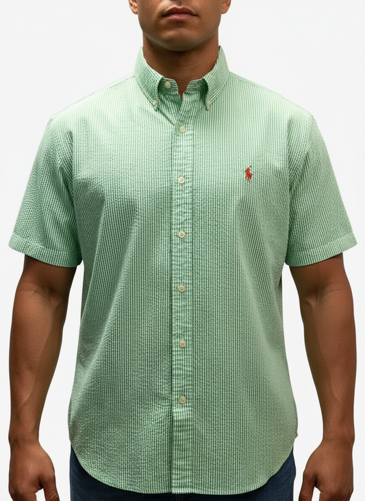 Camisa de botones Polo Ralph Lauren 🏇🏼 Seersucker de rayas en verde y blanco Talla XL Entalle Clásico