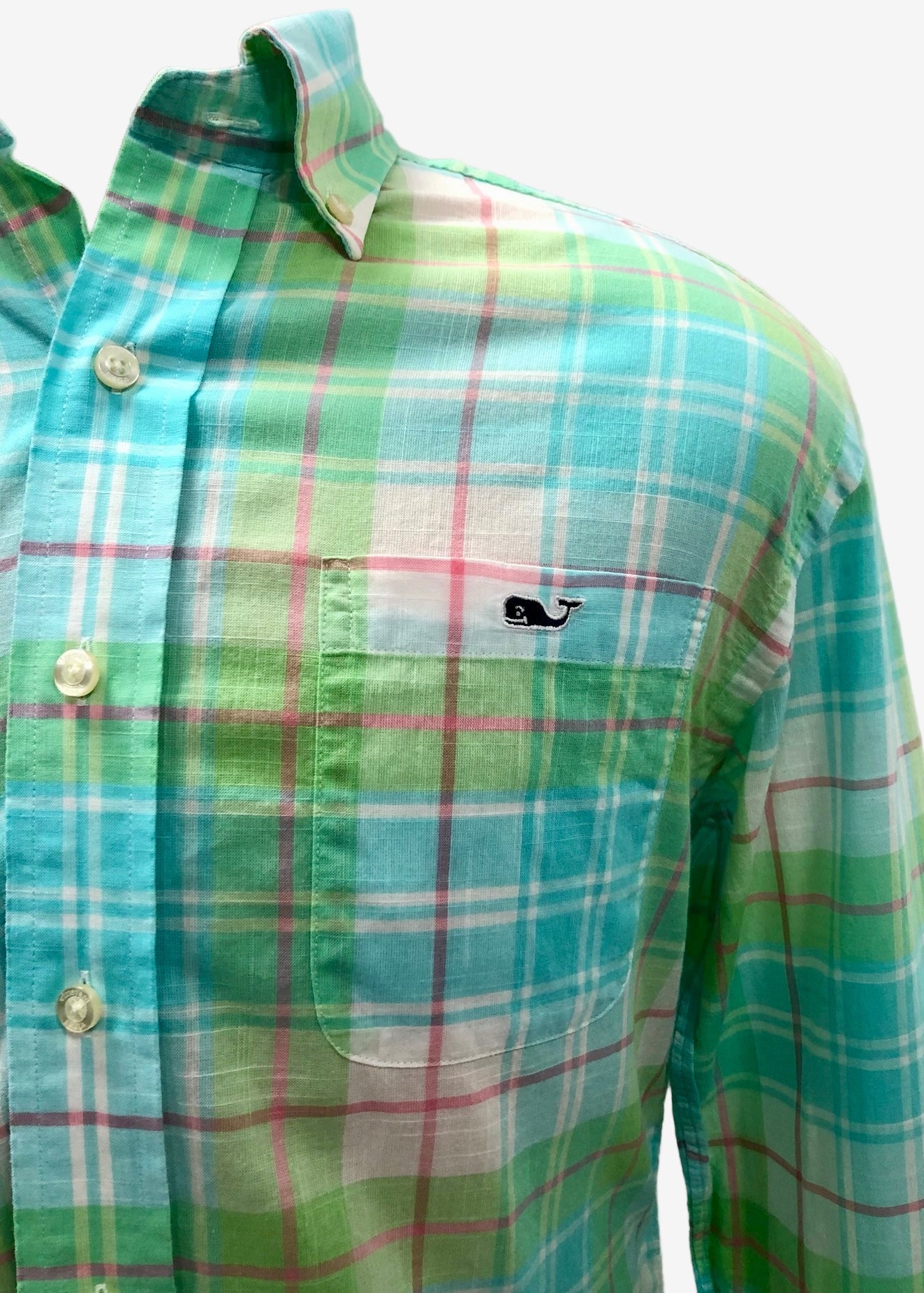 Camisa Vineyard Vines 🐳 de cuadros tartán en color verde, turquesa y blanco Talla S Entalle Regular