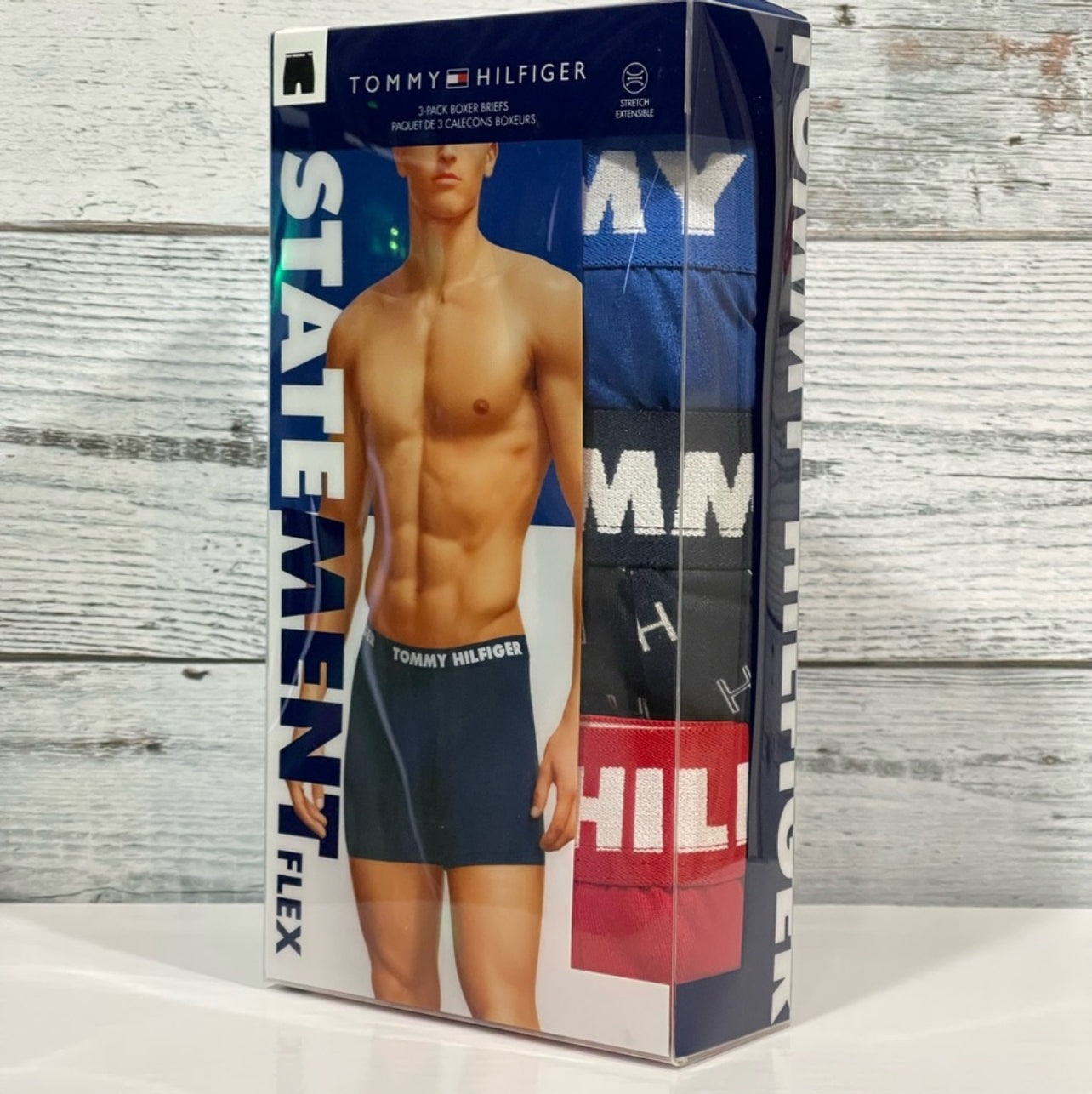 Paquete de 3 Boxer Briefs Tommy Hilfiger 🇺🇸 Statement Flex Tela Microfibra color rojo, azul y gris Talla XL