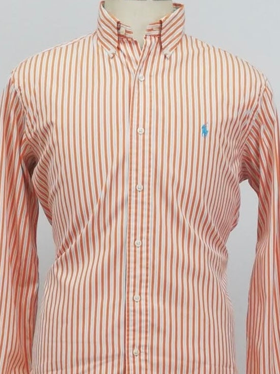 Camisa Polo Ralph Lauren 🏇🏼 color blanco con rayas en color naranja y celeste Talla M Entalle Clásico