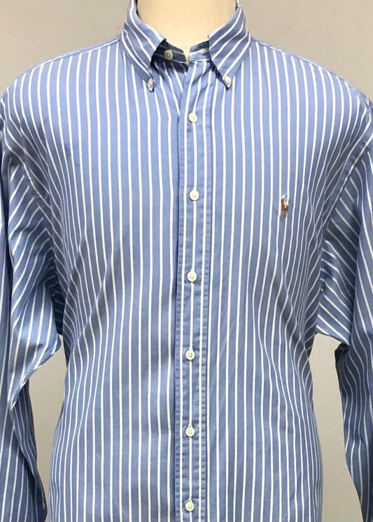 Camisa Polo Ralph Lauren 🏇🏼 color azul con patron de rayas en color Blanco Talla XL Entalle Clásico