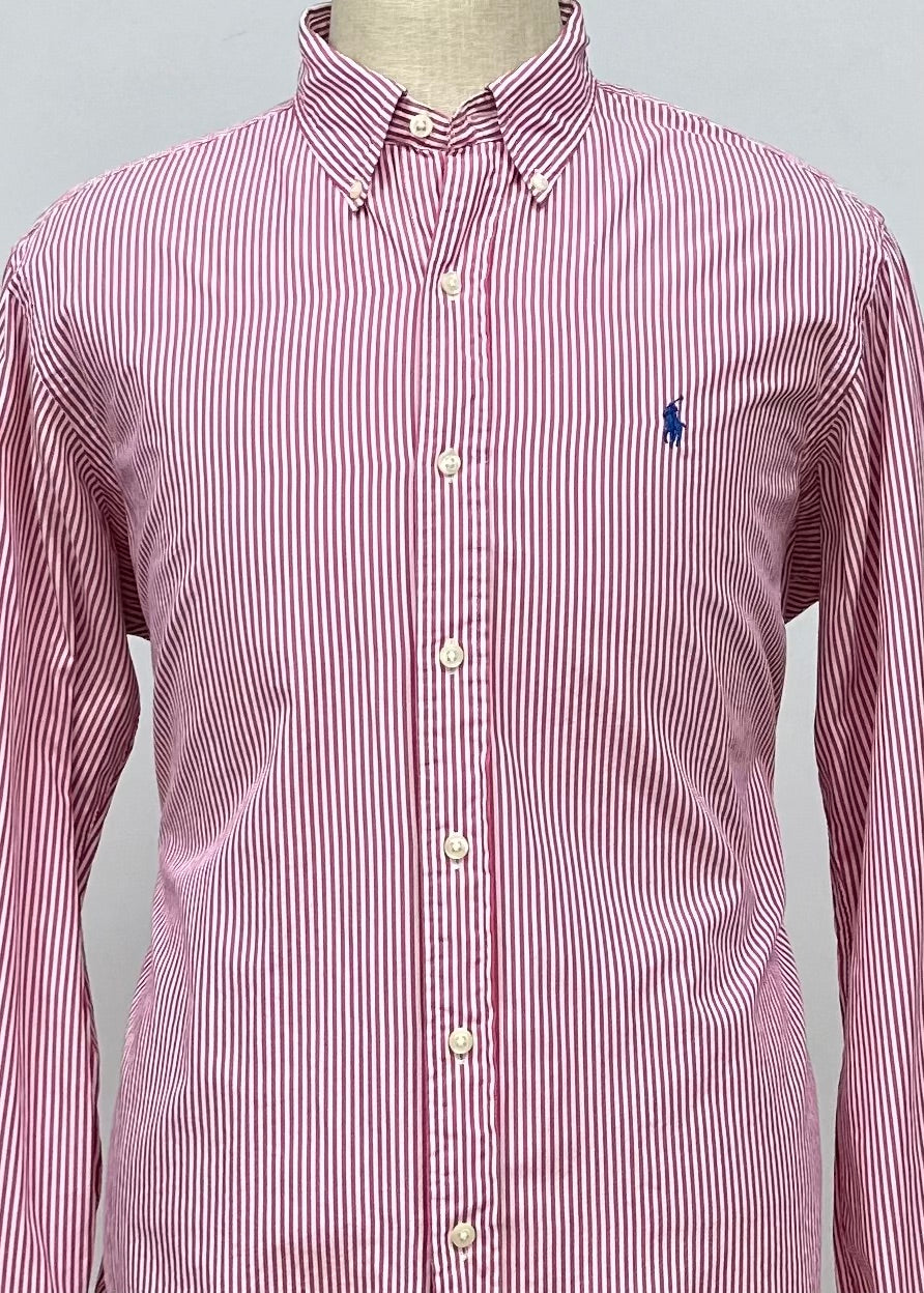 Camisa Polo Ralph Lauren 🏇🏼 con patron de rayas en color rosado y blanco Talla M Entalle Regular