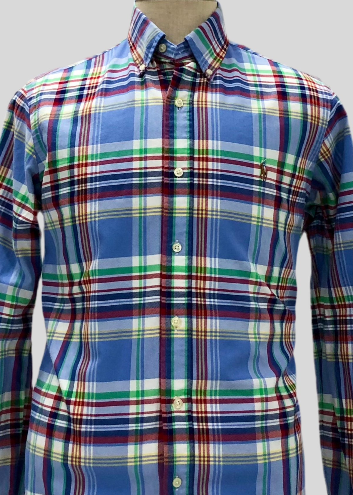Camisa Polo Ralph Lauren 🏇🏼 Oxford de cuadros tartán en color celeste, verde y rojo Talla M Entalle Clásico
