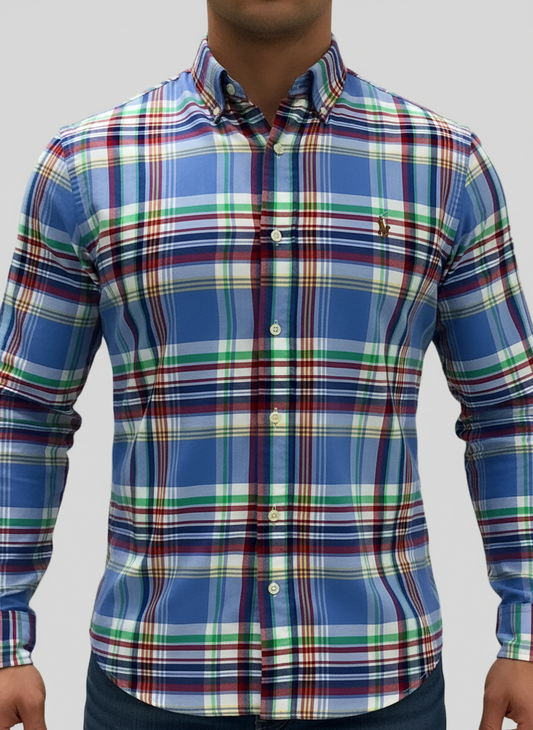 Camisa Polo Ralph Lauren 🏇🏼 Oxford de cuadros tartán en color celeste, verde y rojo Talla M Entalle Clásico