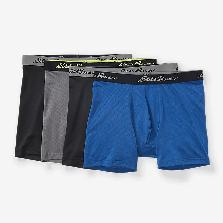 Paquete de 4 Calzoncillos tipo Boxer marca Eddie Bauer Microfibra - Tela dry-fit en color negro, azul, esmeralda y gris Talla S y L