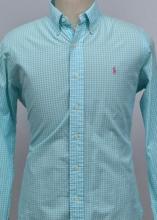 Camisa Polo Ralph Lauren 🏇🏼 con patrón de cuadros gingham turquesa y blanco Talla M Entalle Custom Fit