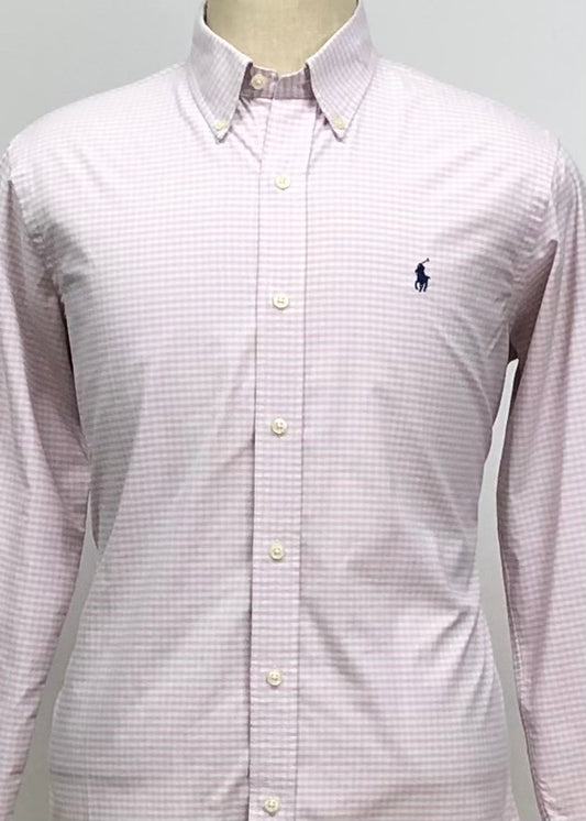 Camisa Polo Ralph Lauren 🏇🏼 color blanco con patron de cuadros rosado claro Talla M Entalle Clásico