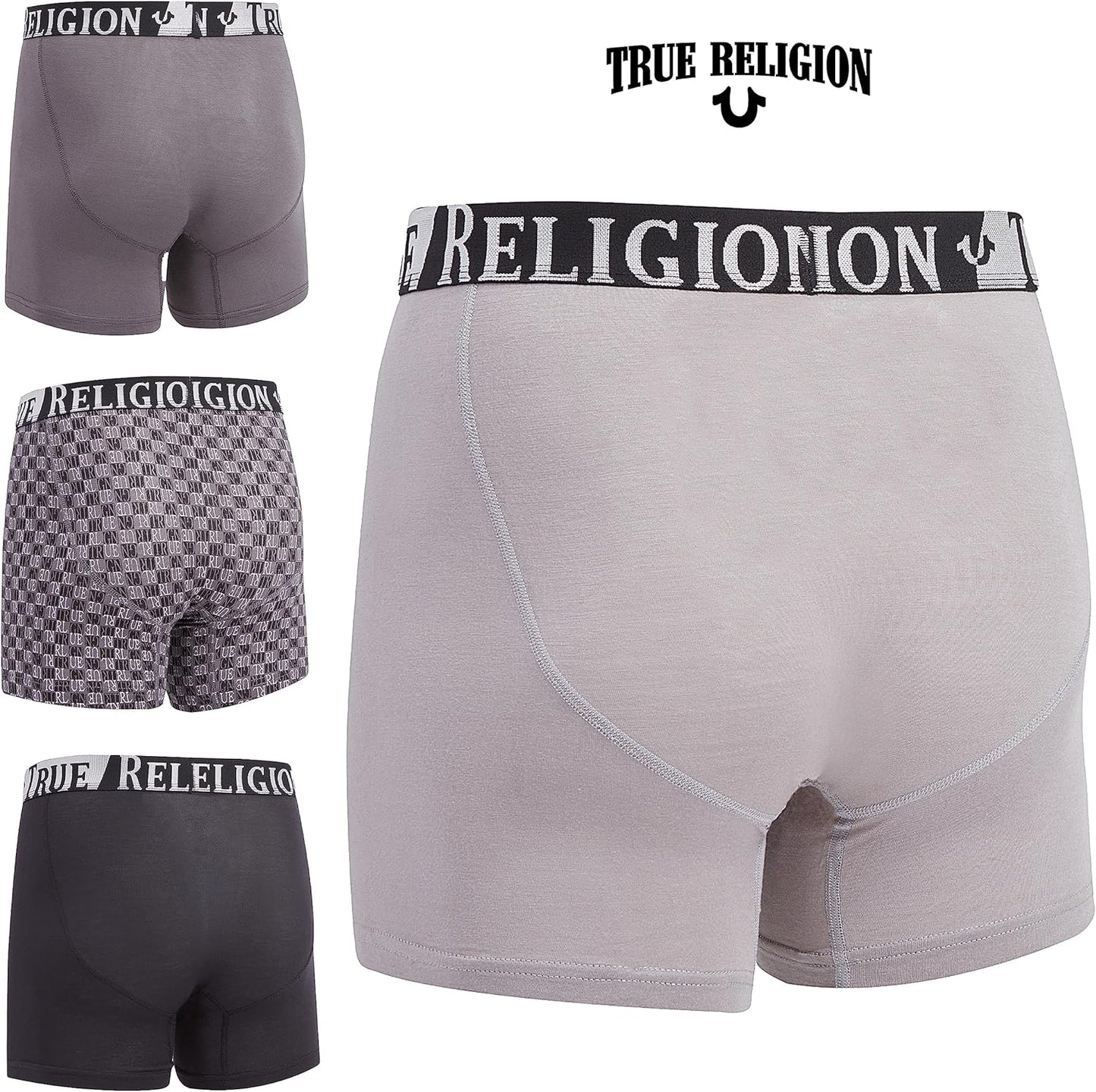 Paquete de 4 Boxers Briefs True Religion 👖 Tela de algodón modal color Negro, gris y diseño de logo Talla S