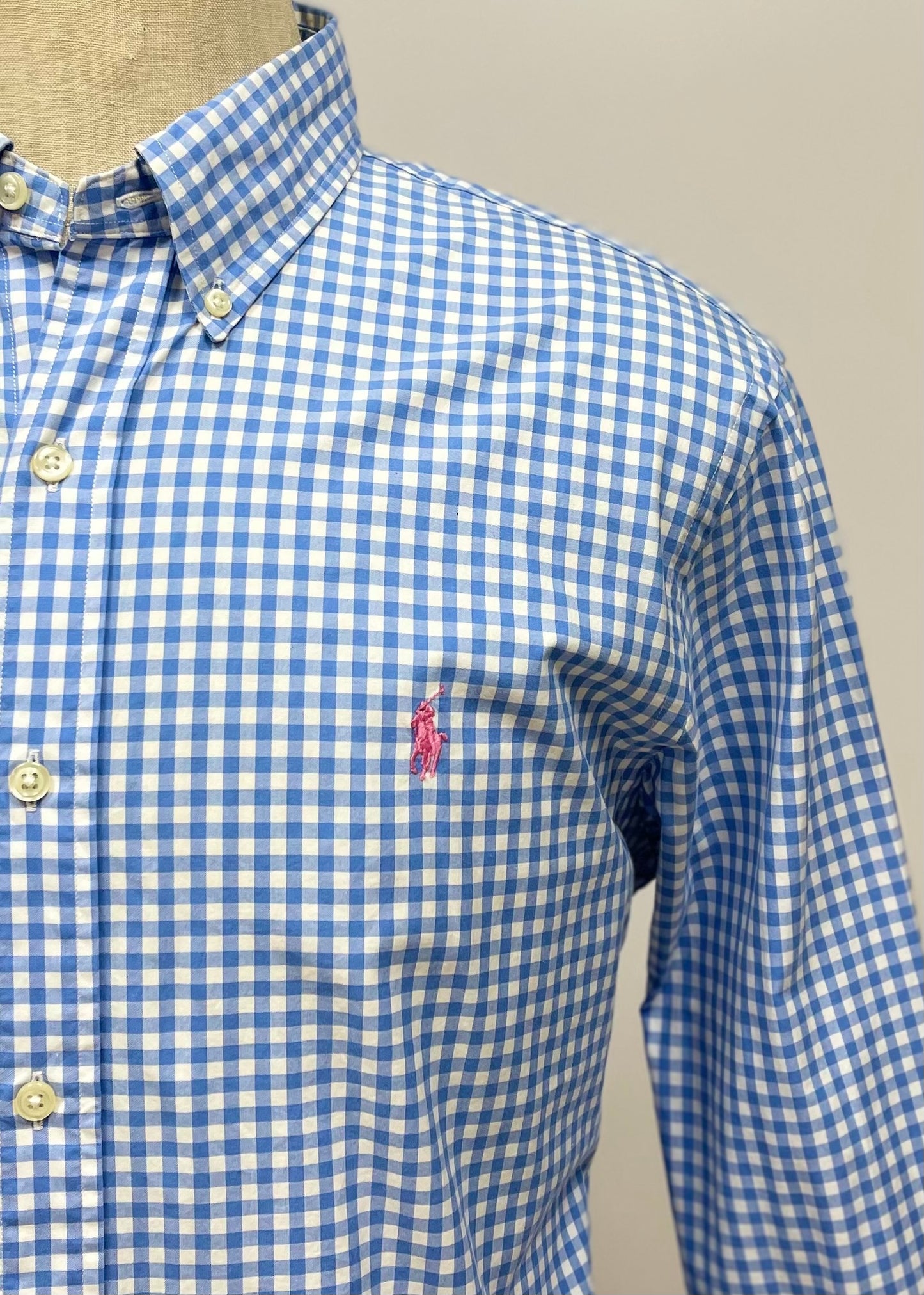 Camisa Polo Ralph Lauren 🏇🏼 con patron de cuadros gingham celeste y blanco Talla L Entalle Slim Fit