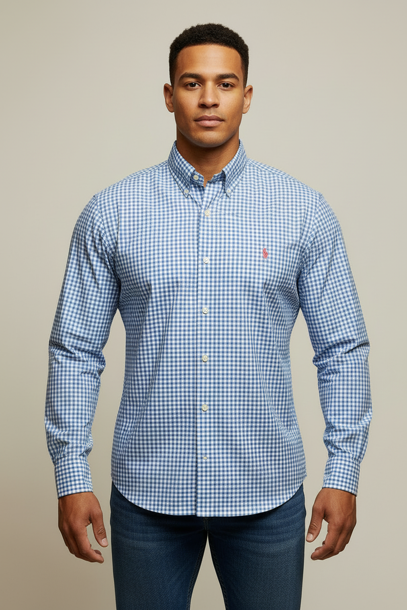 Camisa Polo Ralph Lauren 🏇🏼 de cuadros gingham celeste y blanco Talla XL Entalle Custom Fit