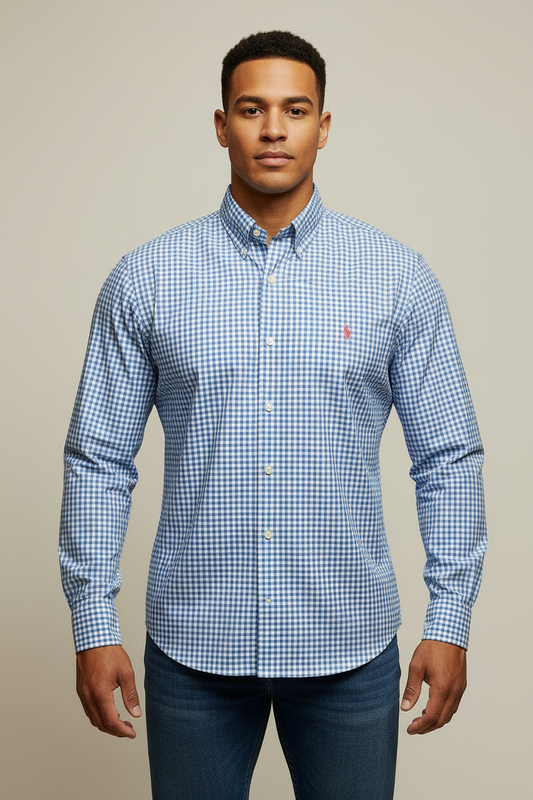 Camisa Polo Ralph Lauren 🏇🏼 de cuadros gingham celeste y blanco Talla XL Entalle Custom Fit