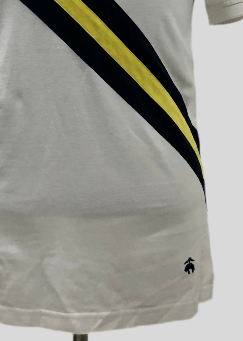 Camiseta Polo Brooks Brothers 🐑 color blanco con franjas en azul y amarillo Talla M Entalle Slim Fit