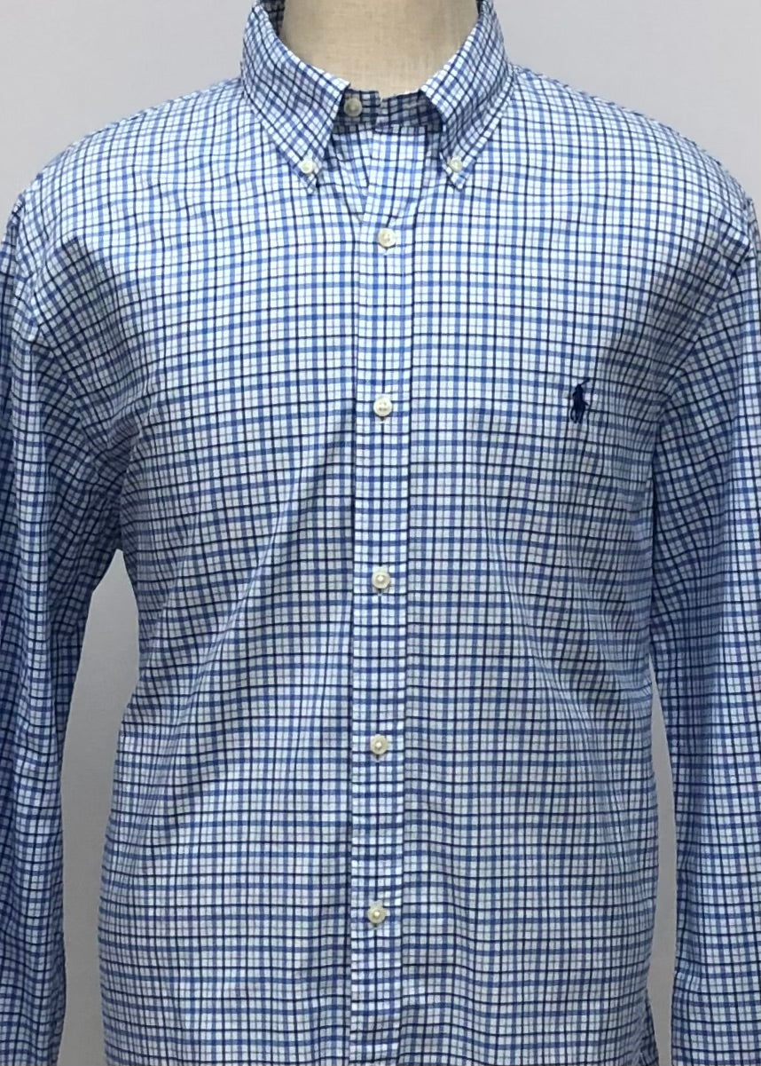 Camisa Polo Ralph Lauren 🏇🏼 color blanco con patrón de cuadros azul y celeste Talla XXL Entalle Slim Fit