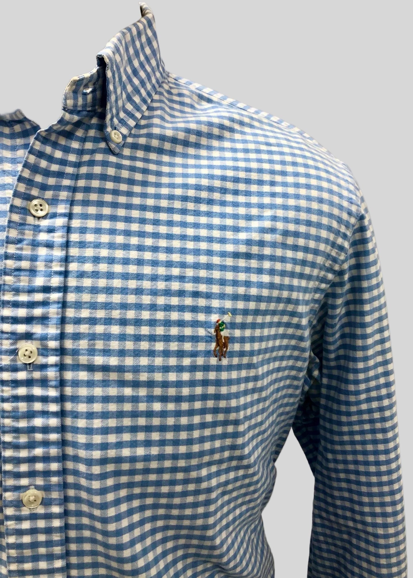Camisa de botones Polo Ralph Lauren 🏇🏼 Oxford de cuadros gingham celeste y blanco Talla L Entalle Regular (ver descripción)