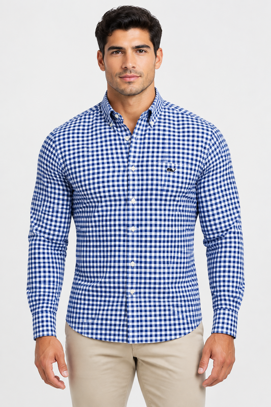 Camisa de botones Vineyard Vines 🐳 Performance de cuadros gingham en azul y blanco Talla L Entalle Regular