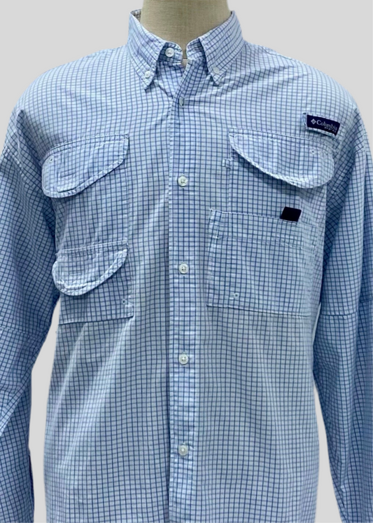 Camisa Columbia 🔹 Modelo Super Bonehead con patrón de cuadros en celeste y blanco Manga larga Talla L (ver descripción)