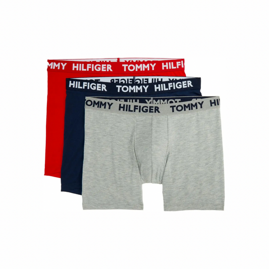 Paquete de 3 Boxer Briefs Tommy Hilfiger 🇺🇸 Statement Flex Tela Microfibra color rojo, azul y gris Talla XL