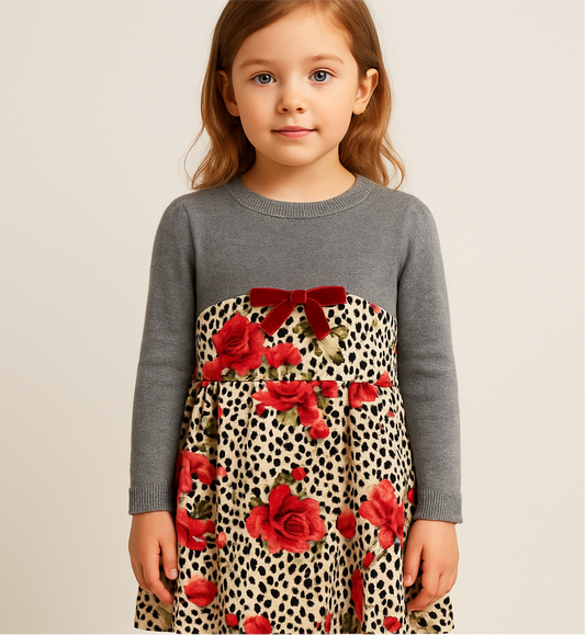 Vestido italiano de niña Monnalisa🎀 Color gris con estampado de animal print y rosas rojas Talla 5