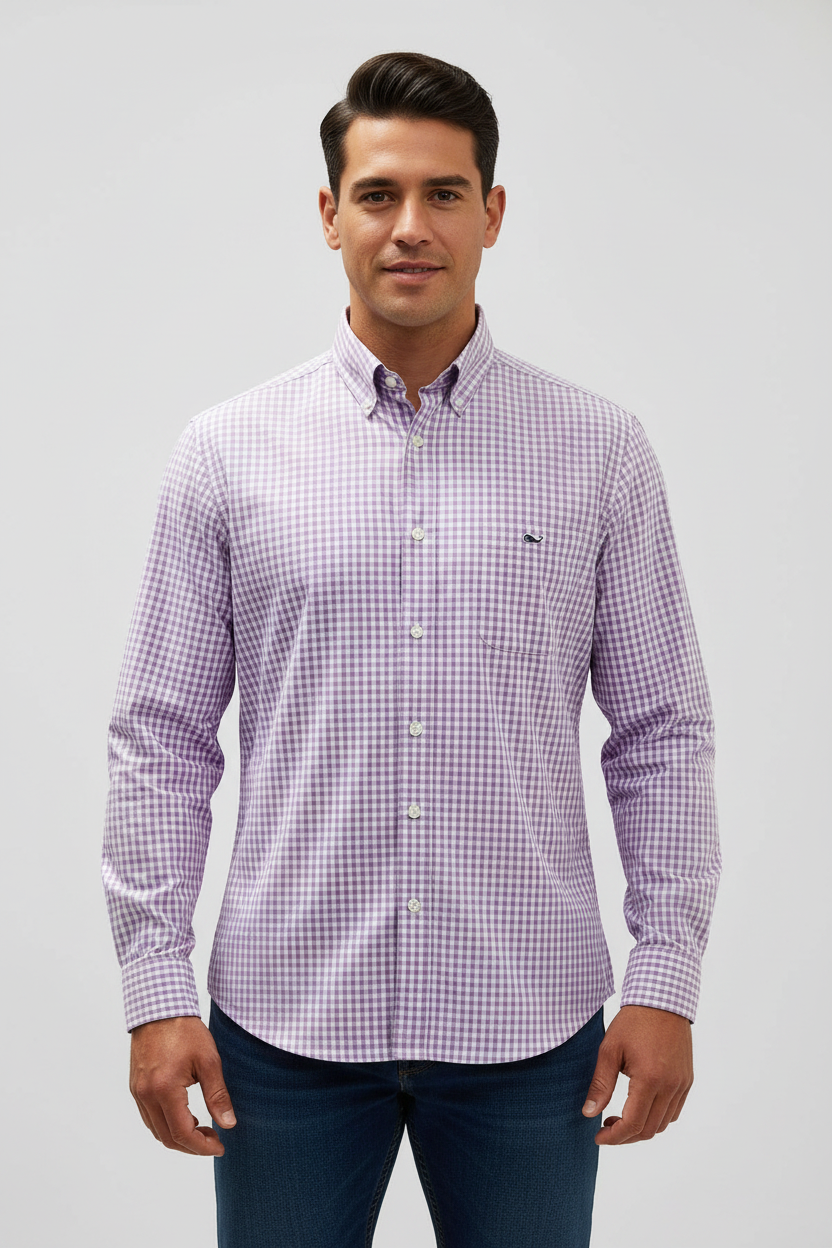 Camisa de botones Vineyard Vines 🐳 con patron cuadros gingham en color lila y blanco Talla L Entalle Clásico