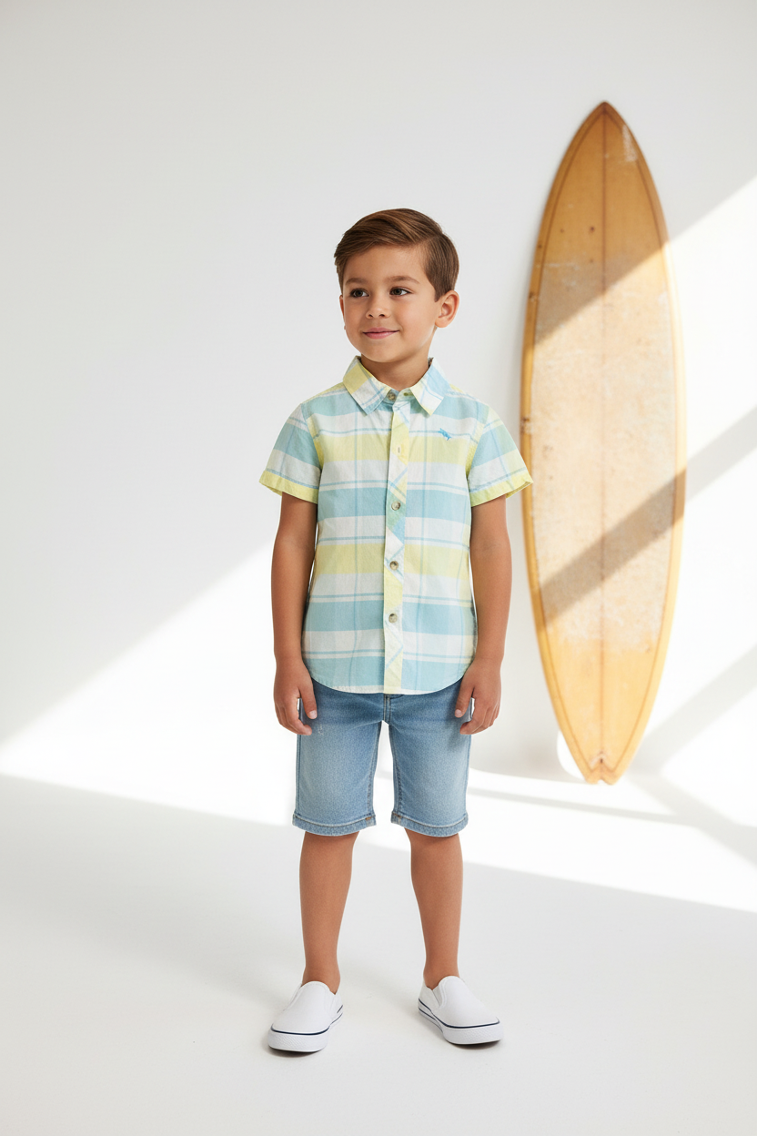 Camisa de niño Tommy Bahama 🌴 con patron de cuadros en celeste, amarillo y blanco Talla 4-5 Entalle Regular