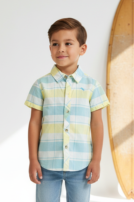 Camisa de niño Tommy Bahama 🌴 con patron de cuadros en celeste, amarillo y blanco Talla 4-5 Entalle Regular